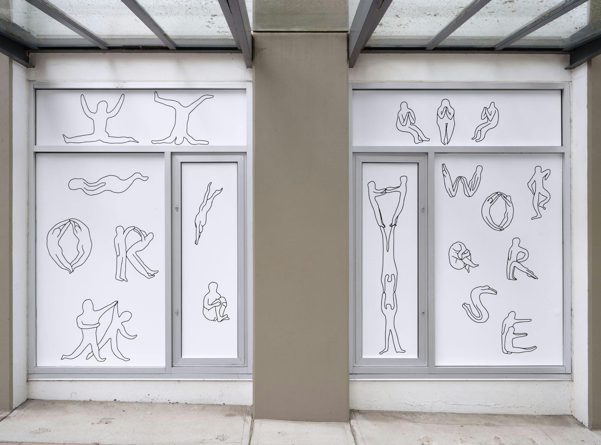 A pair of windows featuring line drawn figures engaged in various activities. Some of the figures spell out “or” and “worse” with their bodies.