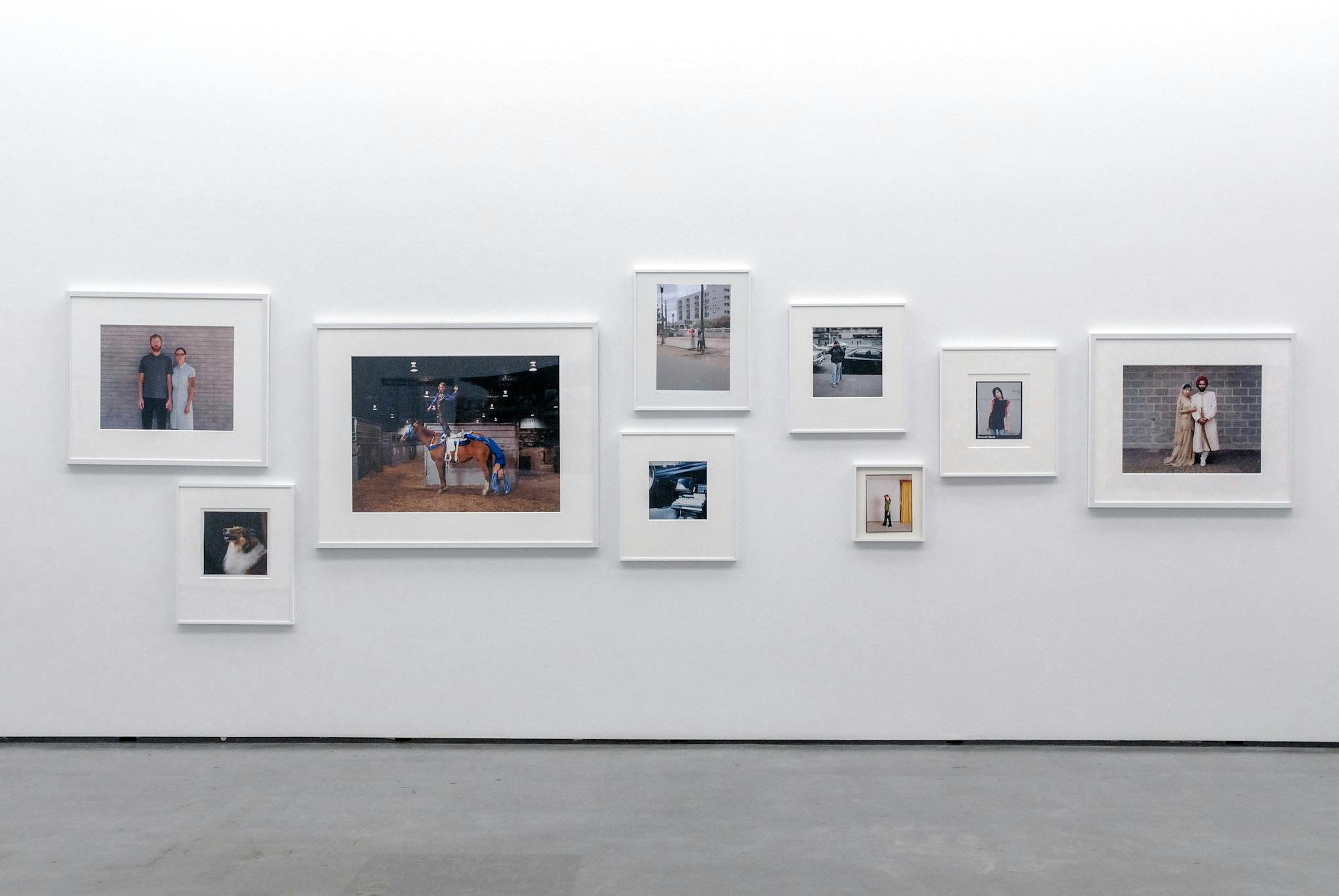 This image shows a series of various-sized photographs installed on a gallery wall. Some of them are street snaps, and others are human and animal portraits. All photos are white framed.