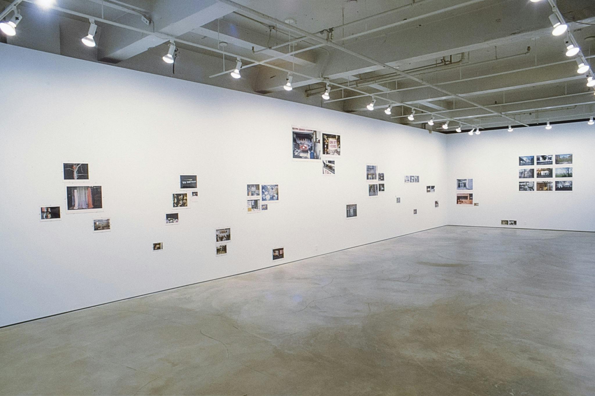 Various coloured photographs of various sizes are displayed on white gallery walls. These photographs are roughly grouped by the subject matter. Some are installed at the bottom of the walls. 