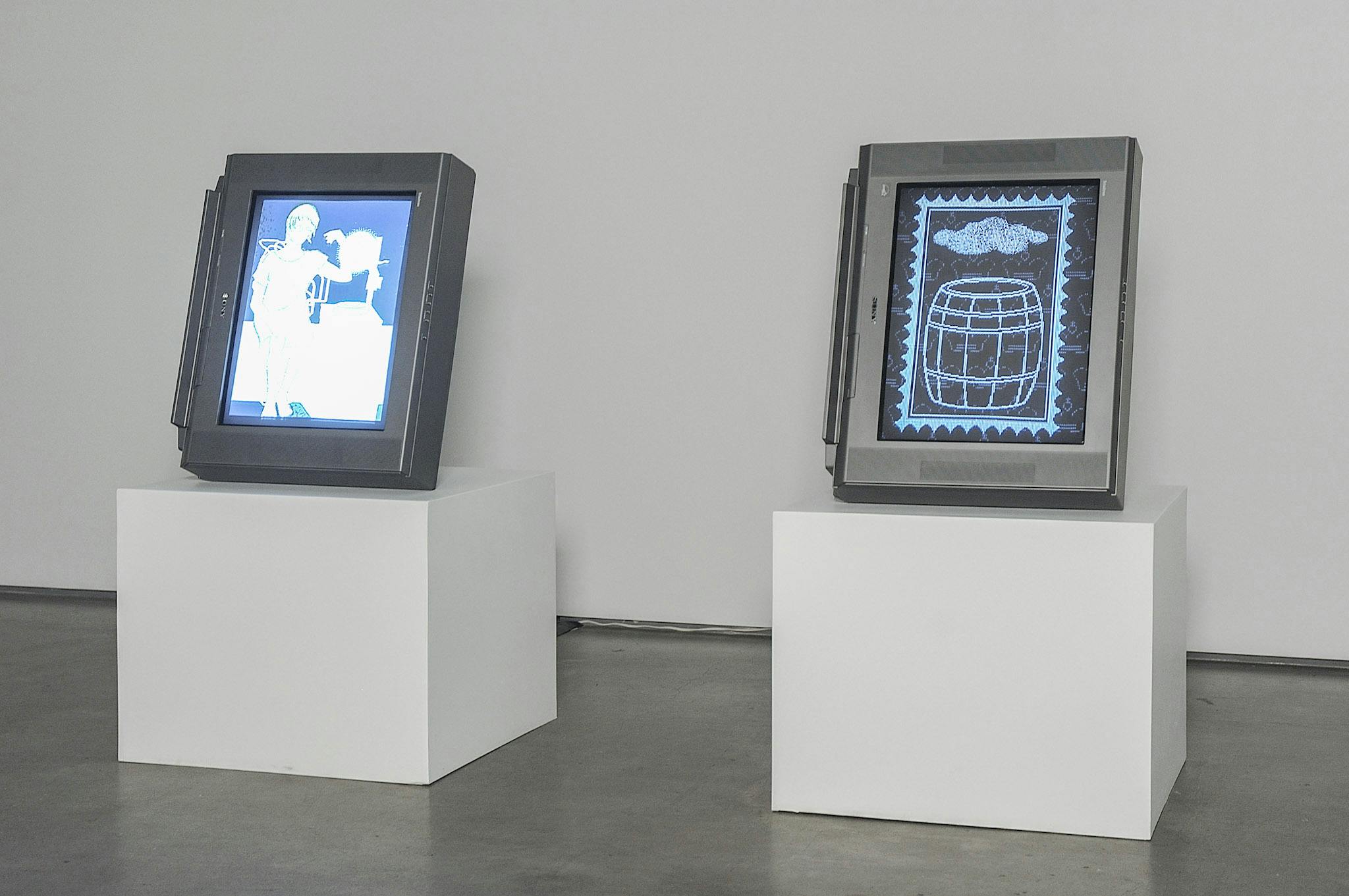An installation image of two artworks inside a gallery. Two illustrations are displayed on TV screens placed on white pedestals. One illustration shows a person, and the other one shows a barrel and a blue cloud. 