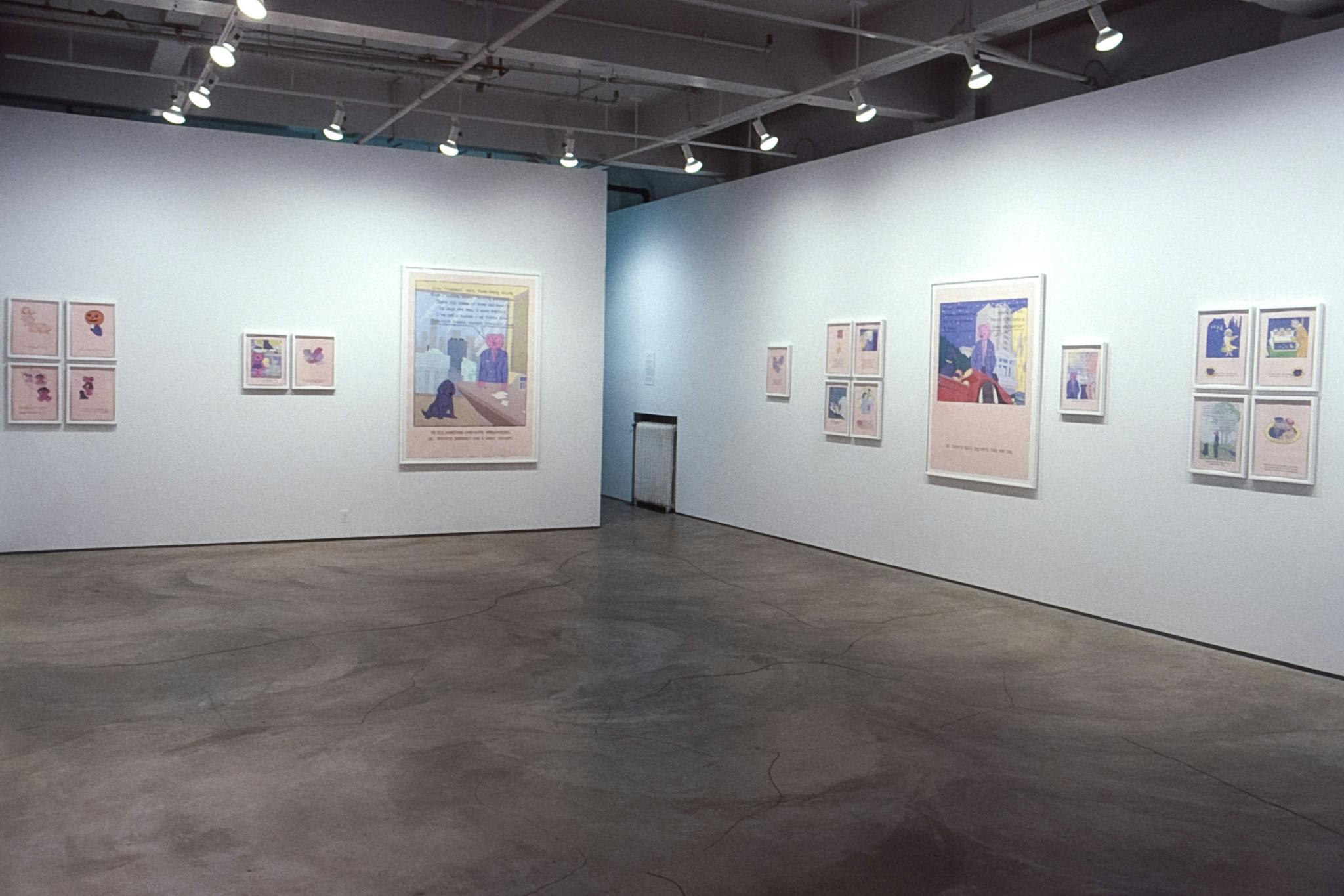 An installation view of a gallery space shows drawings by the same artist on the walls. Drawings vary in size but share the same light pink background. The style of drawing mimics comic books.