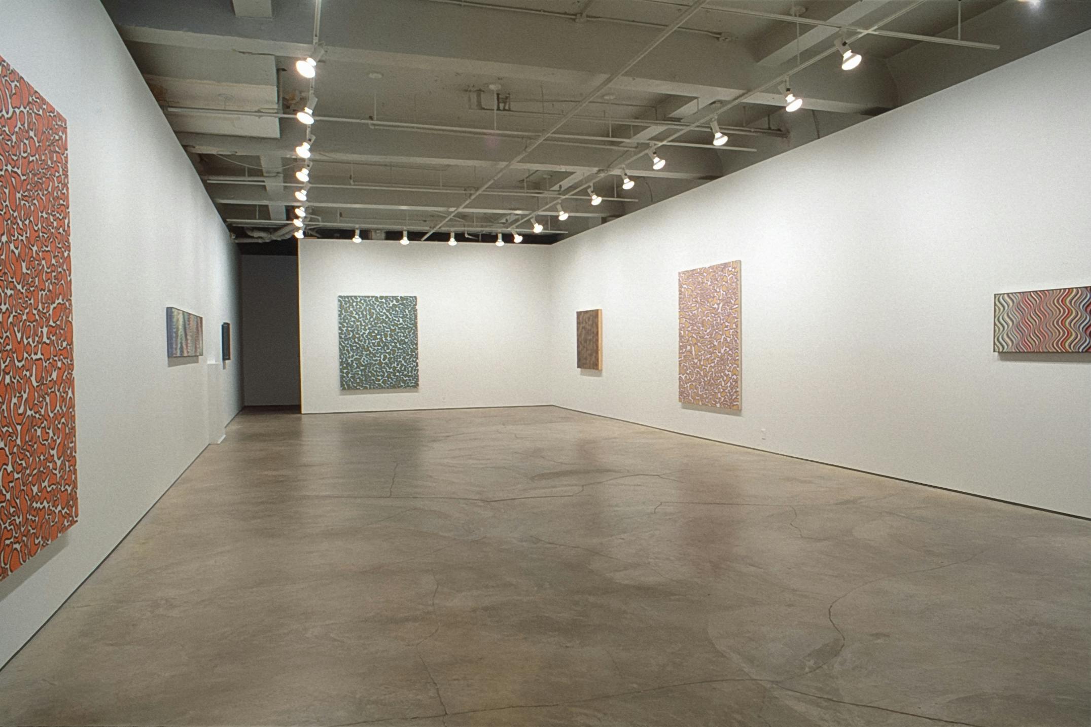 Seven abstract paintings of various sizes are installed on the gallery walls. The entire canvases are filled with colours, shapes, and patterns. There are two similar paintings in different colors.  