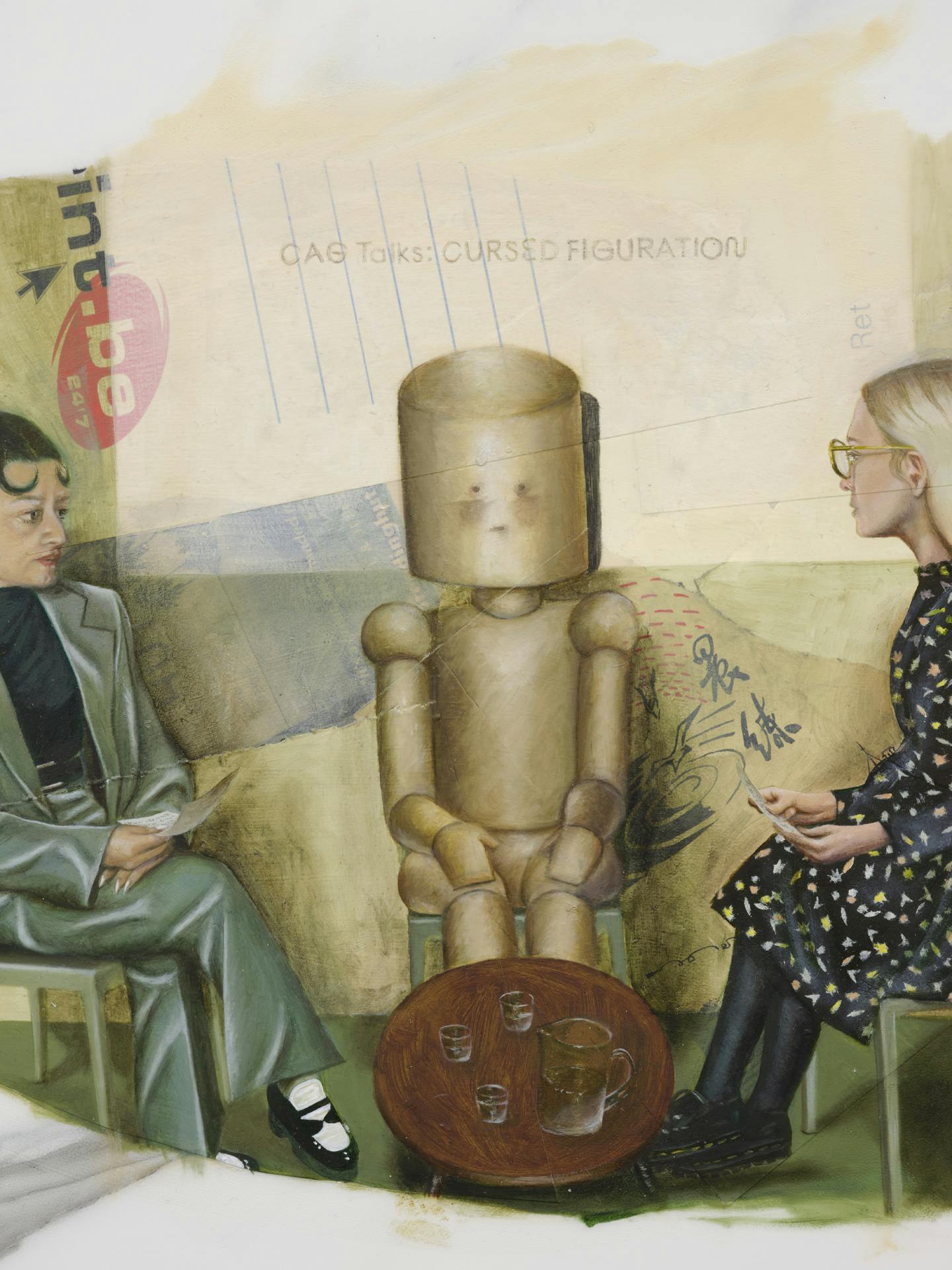A close up view of a painting depicting three seated figures, the central one is a life-size wooden doll, surrounded by two humans with crossed legs holding paper notes.
