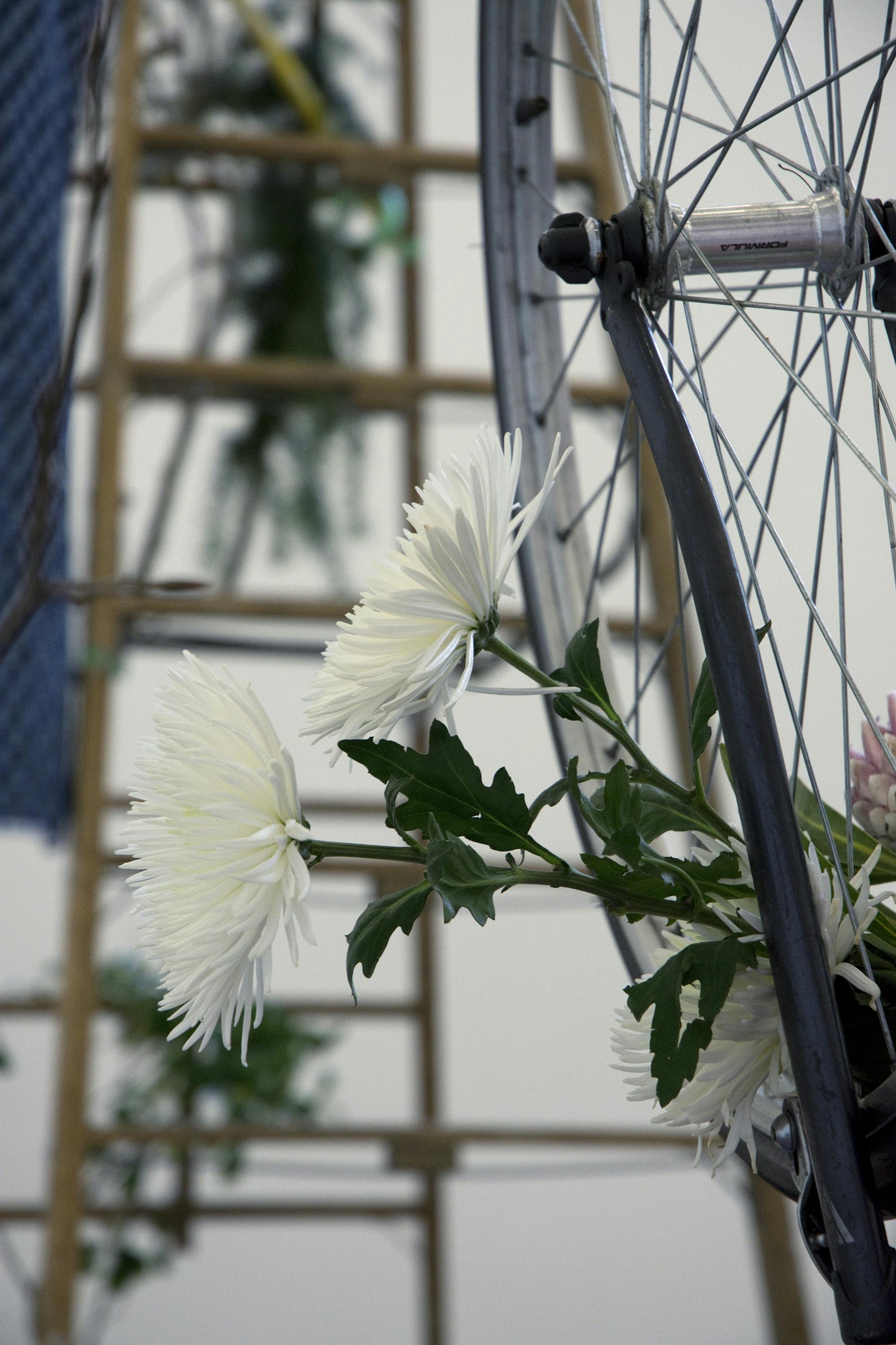 A detailed view of a sculpture installation. Three white flowers protrude from a bike tire and a ladder with plants suspended from it are blurred in the background. 