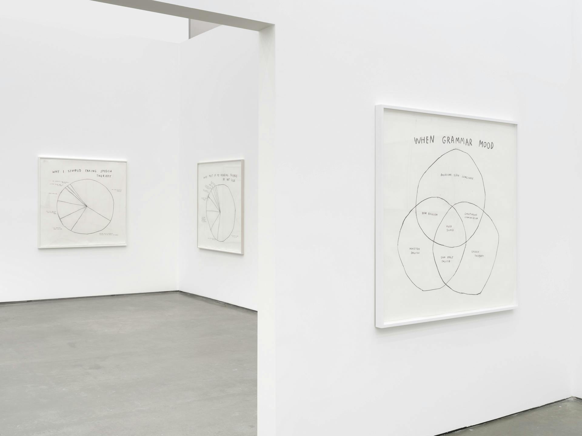 Three drawings by Christine Sun Kim, variously depicting pie charts and venn diagrams. The drawing in the foreground features the words "when grammar mood."